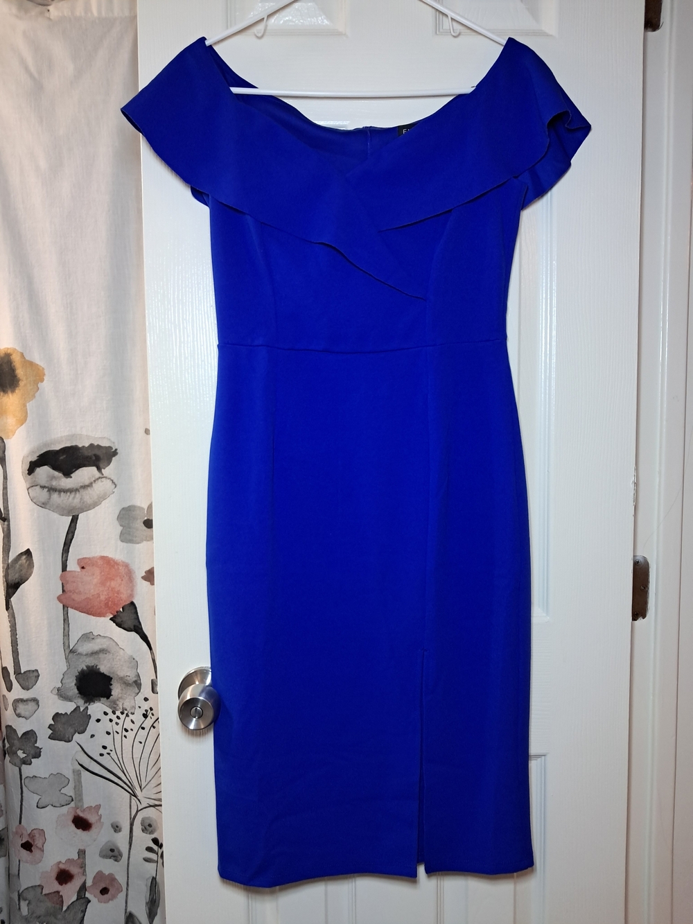 Enfocus Studio Off-Shoulder Ruffle Midi Dress in Cobalt Blue